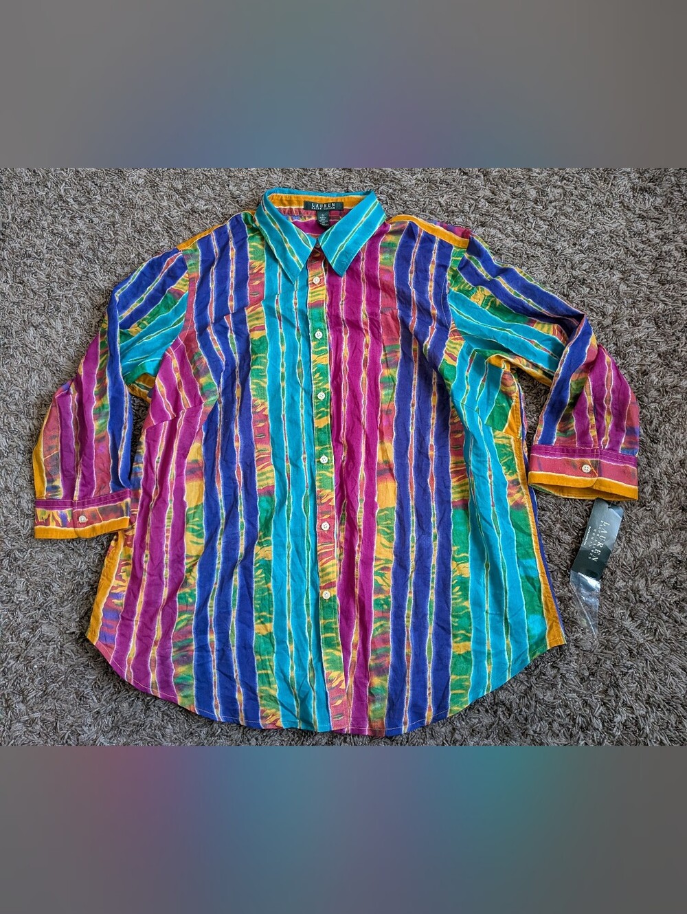 NWT Lauren Ralph Lauren Abstract Multicolor 3/4 Sleeve Button Up Blouse Women XL